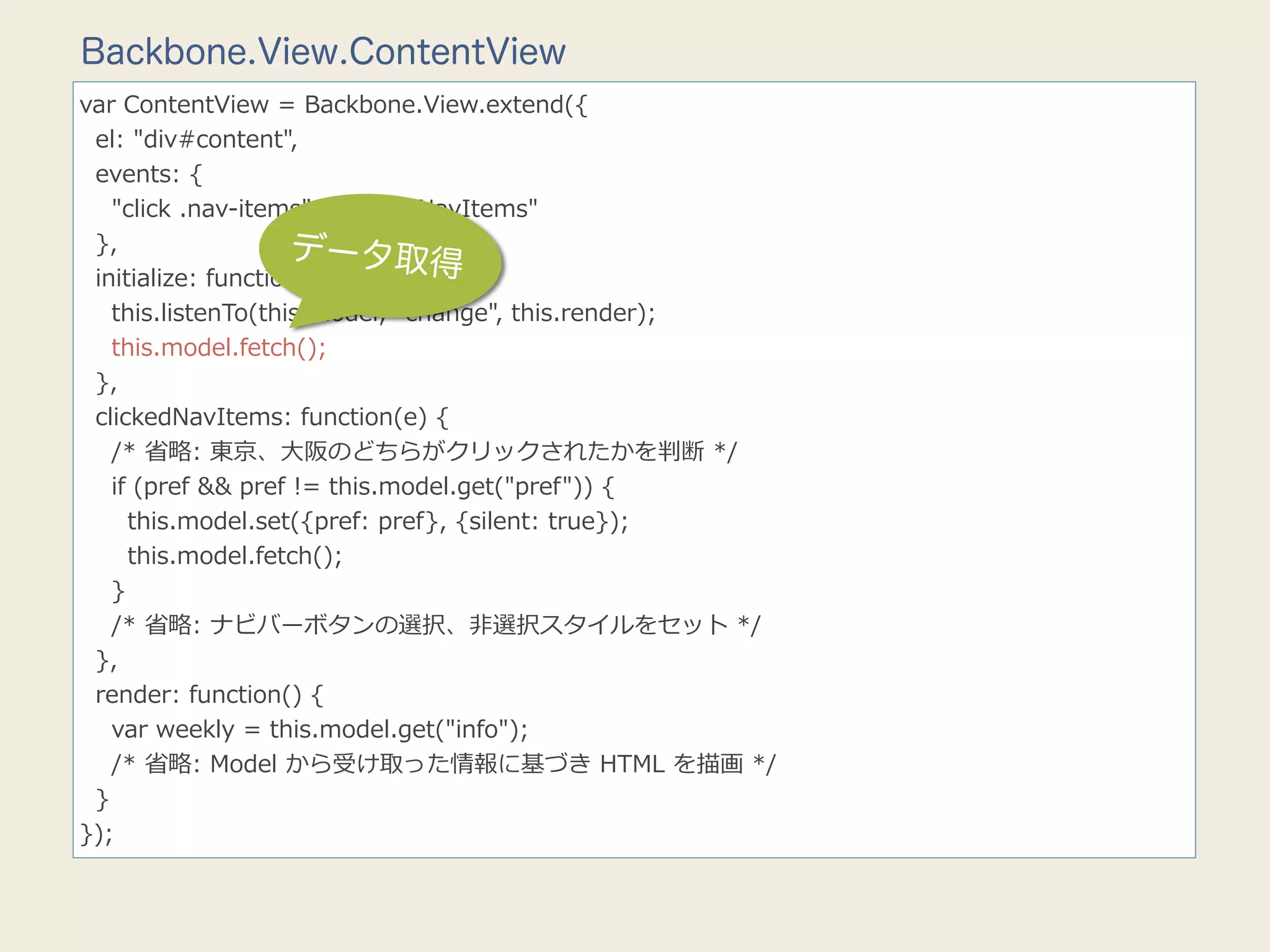 Backbone.View.ContentView
var  ContentView  =  Backbone.View.extend({
    el:  "div#content",
    events:  {
        "click  .nav-‐‑‒items":  "clickedNavItems"
    },                      データ取得
    initialize:  function()  {
        this.listenTo(this.model,  "change",  this.render);
        this.model.fetch();
    },
    clickedNavItems:  function(e)  {
        /*  省省略略:  東京、⼤大阪のどちらがクリックされたかを判断  */
        if  (pref  &&  pref  !=  this.model.get("pref"))  {
            this.model.set({pref:  pref},  {silent:  true});
            this.model.fetch();
        }
        /*  省省略略:  ナビバーボタンの選択、⾮非選択スタイルをセット  */
    },
    render:  function()  {
        var  weekly  =  this.model.get("info");
        /*  省省略略:  Model  から受け取った情報に基づき  HTML  を描画  */
    }
});
 