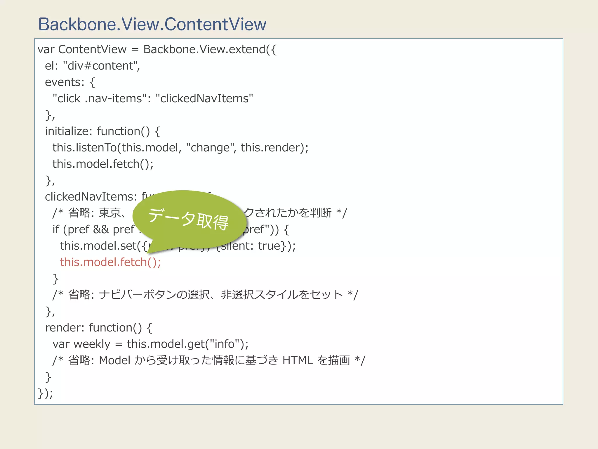Backbone.View.ContentView
var  ContentView  =  Backbone.View.extend({
    el:  "div#content",
    events:  {
        "click  .nav-‐‑‒items":  "clickedNavItems"
    },
    initialize:  function()  {
        this.listenTo(this.model,  "change",  this.render);
        this.model.fetch();
    },
    clickedNavItems:  function(e)  {
        /*  省省略略:  東京、⼤大阪のどちらがクリックされたかを判断  */
                               データ取得
        if  (pref  &&  pref  !=  this.model.get("pref"))  {
            this.model.set({pref:  pref},  {silent:  true});
            this.model.fetch();
        }
        /*  省省略略:  ナビバーボタンの選択、⾮非選択スタイルをセット  */
    },
    render:  function()  {
        var  weekly  =  this.model.get("info");
        /*  省省略略:  Model  から受け取った情報に基づき  HTML  を描画  */
    }
});
 