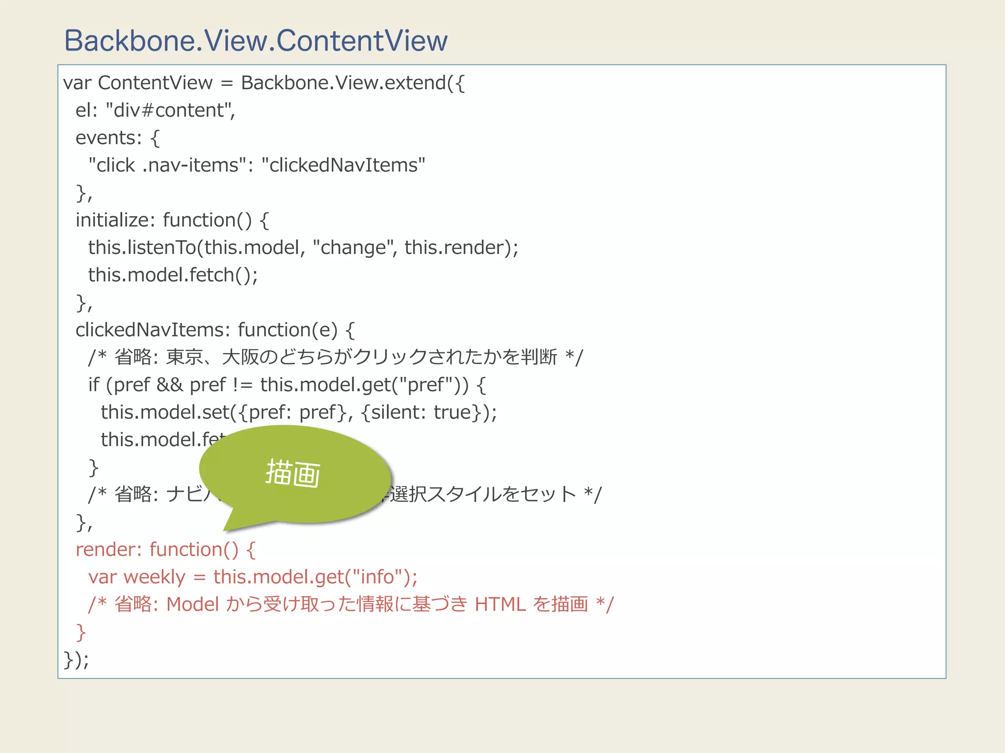 Backbone.View.ContentView
var  ContentView  =  Backbone.View.extend({
    el:  "div#content",
    events:  {
        "click  .nav-‐‑‒items":  "clickedNavItems"
    },
    initialize:  function()  {
        this.listenTo(this.model,  "change",  this.render);
        this.model.fetch();
    },
    clickedNavItems:  function(e)  {
        /*  省省略略:  東京、⼤大阪のどちらがクリックされたかを判断  */
        if  (pref  &&  pref  !=  this.model.get("pref"))  {
            this.model.set({pref:  pref},  {silent:  true});
            this.model.fetch();
        }                         描画
        /*  省省略略:  ナビバーボタンの選択、⾮非選択スタイルをセット  */
    },
    render:  function()  {
        var  weekly  =  this.model.get("info");
        /*  省省略略:  Model  から受け取った情報に基づき  HTML  を描画  */
    }
});
 