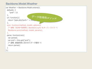 Backbone.Model.Weather
var  Weather  =  Backbone.Model.extend({
    defaults:  {
            "pref":  13
    },
    url:  ...
