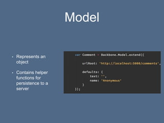 Model
• Represents an
object
• Contains helper
functions for
persistence to a
server
 