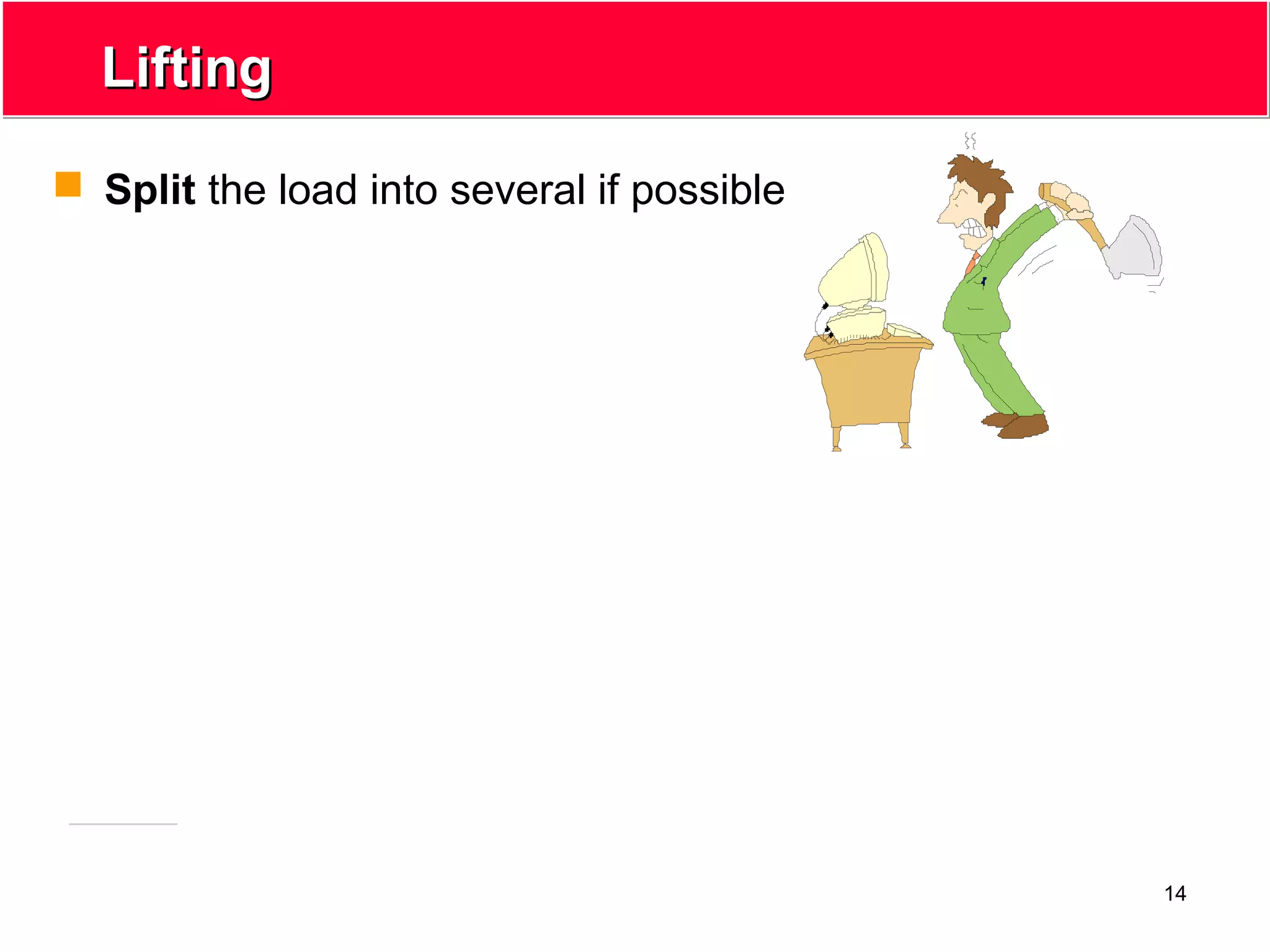 14
LiftingLifting
 Split the load into several if possible
 