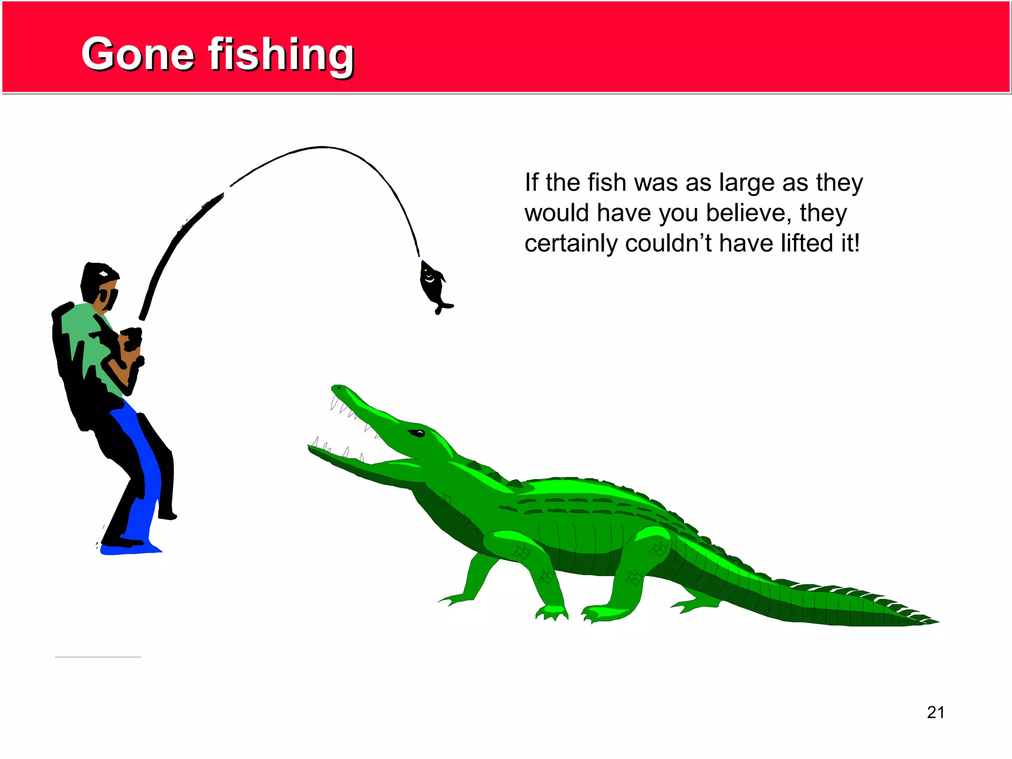21
Gone fishingGone fishing
If the fish was as large as they
would have you believe, they
certainly couldn’t have lifted it!
 