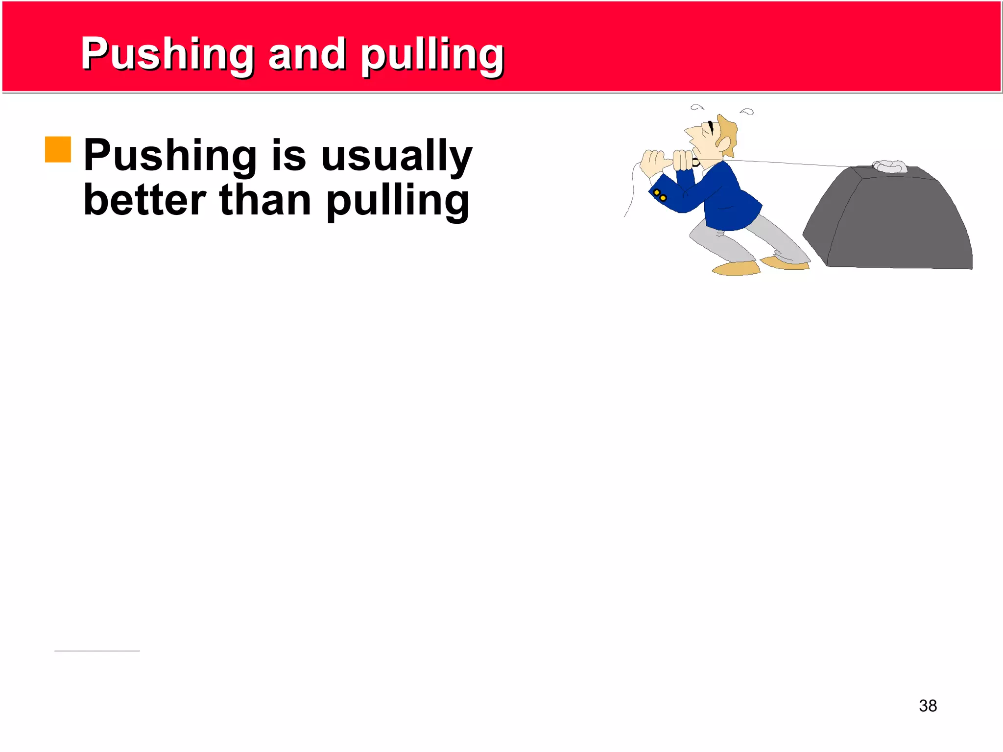 38
Pushing and pullingPushing and pulling
 Pushing is usually
better than pulling
 