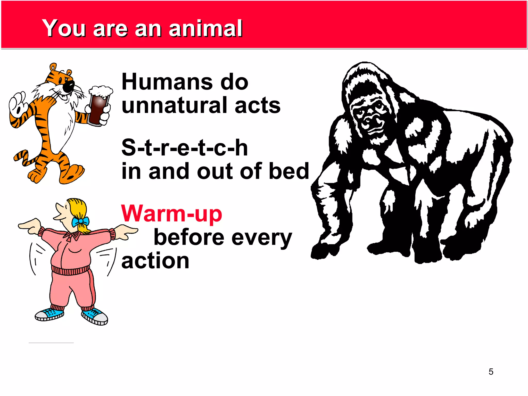 5
You are an animalYou are an animal
Humans do
unnatural acts
S-t-r-e-t-c-h
in and out of bed
Warm-up
before every
action
 