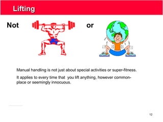 12
LiftingLifting
Not or
Manual handling is not just about special activities or super-fitness.
It applies to every time that you lift anything, however common-
place or seemingly innocuous.
 