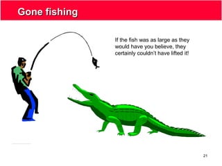 21
Gone fishingGone fishing
If the fish was as large as they
would have you believe, they
certainly couldn’t have lifted it!
 