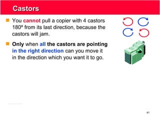 41
CastorsCastors
 You cannot pull a copier with 4 castors
180º from its last direction, because the
castors will jam.
 Only when all the castors are pointing
in the right direction can you move it
in the direction which you want it to go.
 