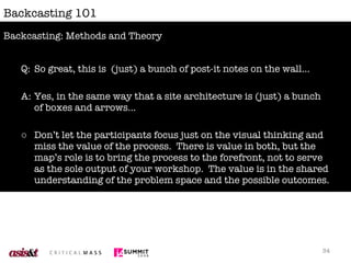 Backcasting 101 Q: So great, this is  (just) a bunch of post-it notes on the wall… A: Yes, in the same way that a site architecture is (just) a bunch of boxes and arrows… Don’t let the participants focus just on the visual thinking and miss the value of the process.  There is value in both, but the map’s role is to bring the process to the forefront, not to serve as the sole output of your workshop.  The value is in the shared understanding of the problem space and the possible outcomes. Backcasting: Methods and Theory 