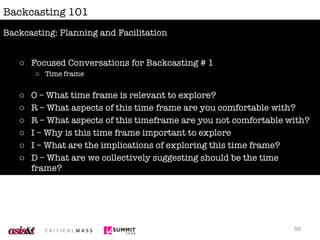 Backcasting 101 Focused Conversations for Backcasting # 1 Time frame O – What time frame is relevant to explore? R – What aspects of this time frame are you comfortable with? R – What aspects of this timeframe are you not comfortable with? I – Why is this time frame important to explore I – What are the implications of exploring this time frame? D – What are we collectively suggesting should be the time frame? D – What is our consensus on the time frame to use for this exercise?  Backcasting: Planning and Facilitation 