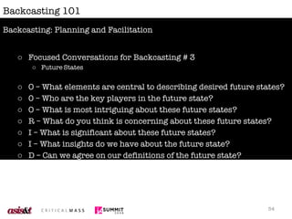 Backcasting 101 Focused Conversations for Backcasting # 3 Future States O – What elements are central to describing desired future states? 0 – Who are the key players in the future state? O – What is most intriguing about these future states? R – What do you think is concerning about these future states? I – What is significant about these future states? I – What insights do we have about the future state? D – Can we agree on our definitions of the future state? Backcasting: Planning and Facilitation 