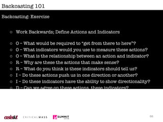 Backcasting 101 Work Backwards; Define Actions and Indicators O – What would be required to “get from there to here”? 0 – What indicators would you use to measure these actions? O – What is the relationship between an action and indicator? R – Why are these the actions that make sense? R – What do you think is these indicators should tell us? I – Do these actions push us in one direction or another? I – Do these indicators have the ability to show directionality? D – Can we agree on these actions, these indicators? Backcasting: Exercise 