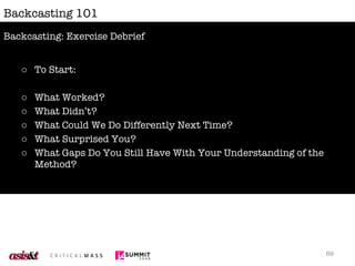 Backcasting 101 To Start: What Worked? What Didn’t? What Could We Do Differently Next Time? What Surprised You? What Gaps Do You Still Have With Your Understanding of the Method? Backcasting: Exercise Debrief 