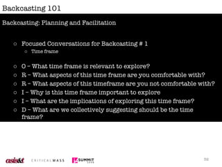 Backcasting 101 <ul><li>Focused Conversations for Backcasting # 1 </li></ul><ul><ul><li>Time frame </li></ul></ul><ul><li>...