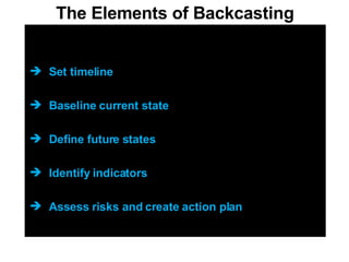 The Elements of Backcasting Set timeline Baseline current state Define future states Identify indicators Assess risks and create action plan 