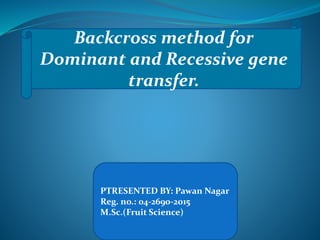 Backcross method for
Dominant and Recessive gene
transfer.
PTRESENTED BY: Pawan Nagar
Reg. no.: 04-2690-2015
M.Sc.(Fruit Science)
 
