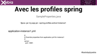 #backdaybyxebia
Avec les proﬁles spring
$java -jar my-app.jar --spring.profiles.active=instance1
SampleProperties.java
application-instance1.yml
#
# Override properties from application.yml for instance1
#
server :
port : 8081
 