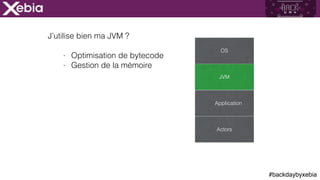 #backdaybyxebia
OS
JVM
Application
Actors
J’utilise bien ma JVM ?
- Optimisation de bytecode
- Gestion de la mémoire
 