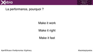 #backdaybyxebia#perfEfficace @willymontaz @jpthiery
La performance, pourquoi ?
Make it work
Make it right
Make it fast
 