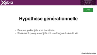 #backdaybyxebia
Hypothèse générationnelle
Beaucoup d’objets sont transients
Seulement quelques objets ont une longue durée de vie
JVM
 