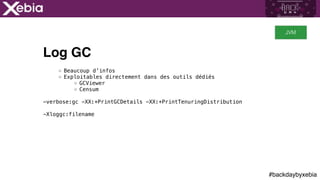 #backdaybyxebia
Log GC
Beaucoup d’infos
Exploitables directement dans des outils dédiés
GCViewer
Censum
-verbose:gc -XX:+PrintGCDetails -XX:+PrintTenuringDistribution
-Xloggc:filename
JVM
 