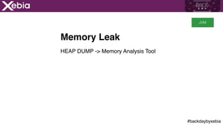 #backdaybyxebia
Memory Leak
HEAP DUMP -> Memory Analysis Tool
JVM
 