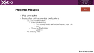 #backdaybyxebia
Problèmes fréquents
Pas de cache
Mauvaise utilisation des collections
Mauvaise implémentation :
ConcurrentHashMap
ConcurrencyLevel (LockStriping/Segment jdk < 1.8)
Lock
ConcurrentSkipListMap
LockFree
Pas de sizing initial
APP
 