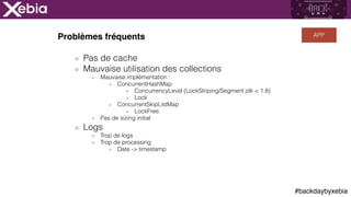 #backdaybyxebia
Problèmes fréquents
Pas de cache
Mauvaise utilisation des collections
Mauvaise implémentation :
ConcurrentHashMap
ConcurrencyLevel (LockStriping/Segment jdk < 1.8)
Lock
ConcurrentSkipListMap
LockFree
Pas de sizing initial
Logs
Trop de logs
Trop de processing
Date -> timestamp
APP
 