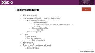 #backdaybyxebia
Problèmes fréquents
Pas de cache
Mauvaise utilisation des collections
Mauvaise implémentation :
ConcurrentHashMap
ConcurrencyLevel (LockStriping/Segment jdk < 1.8)
Lock
ConcurrentSkipListMap
LockFree
Pas de sizing initial
Logs
Trop de logs
Trop de processing
Date -> timestamp
Serialisation
Pool sous/sur-dimensionné
Circuit breaker
APP
 