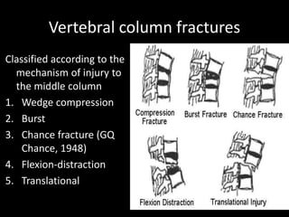 Vertebral column fractures
Classified according to the
mechanism of injury to
the middle column
1. Wedge compression
2. Burst
3. Chance fracture (GQ
Chance, 1948)
4. Flexion-distraction
5. Translational
66
 