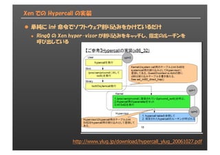 Xen での Hypercall の実装
l 単純に int 命令でソフトウェア割り込みをかけているだけ
l Ring0 の Xen hyper-visor が割り込みをキャッチし、指定のルーチンを
呼び出している
http://www.ylug.jp/download/hypercall_ylug_20061027.pdf
 