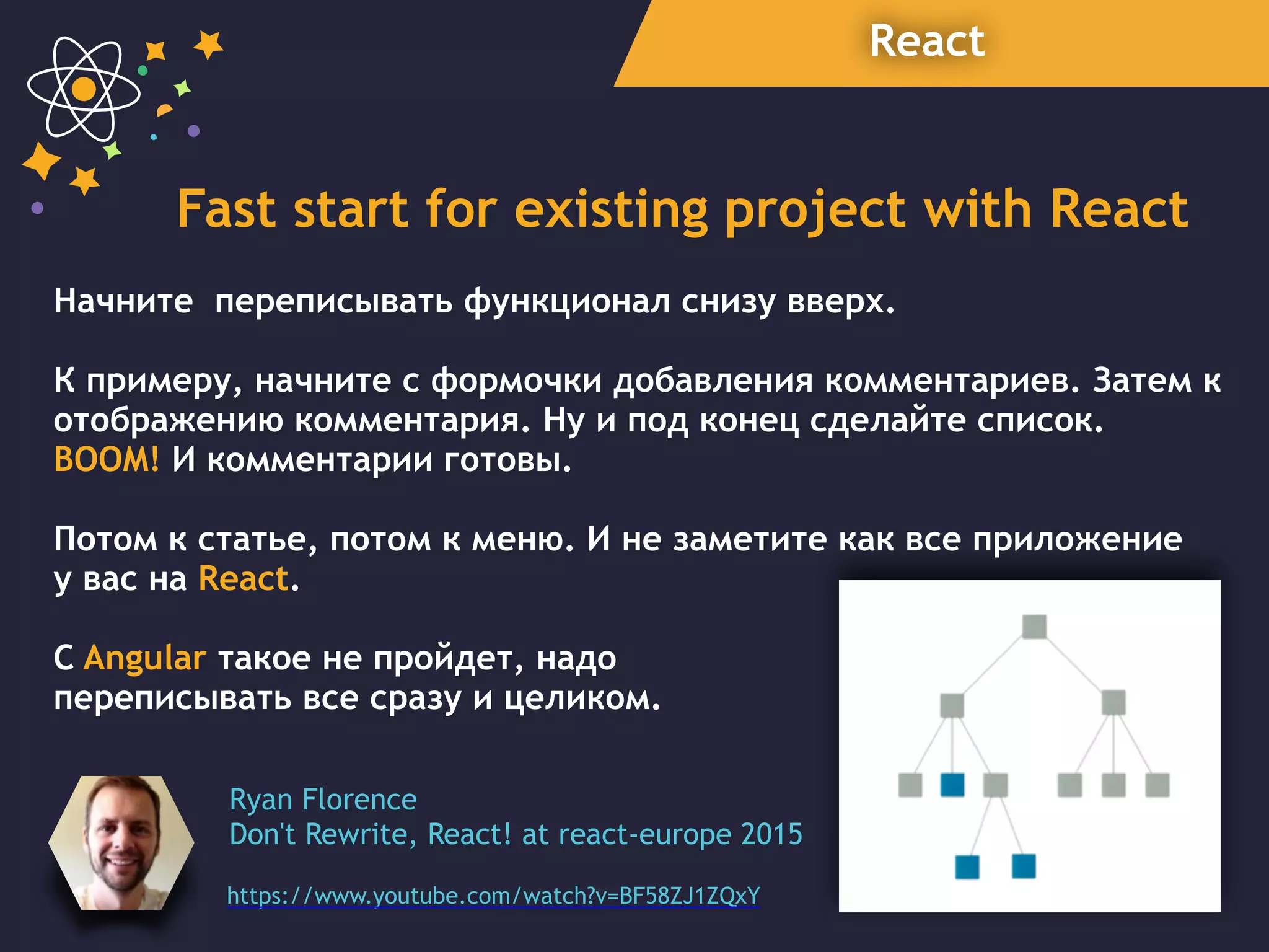 React
Fast start for existing project with React
https://www.youtube.com/watch?v=BF58ZJ1ZQxY
Ryan Florence
Don't Rewrite, React! at react-europe 2015
Начните переписывать функционал снизу вверх.
К примеру, начните с формочки добавления комментариев. Затем к
отображению комментария. Ну и под конец сделайте список.  
BOOM! И комментарии готовы.
Потом к статье, потом к меню. И не заметите как все приложение  
у вас на React.
С Angular такое не пройдет, надо
переписывать все сразу и целиком.
 