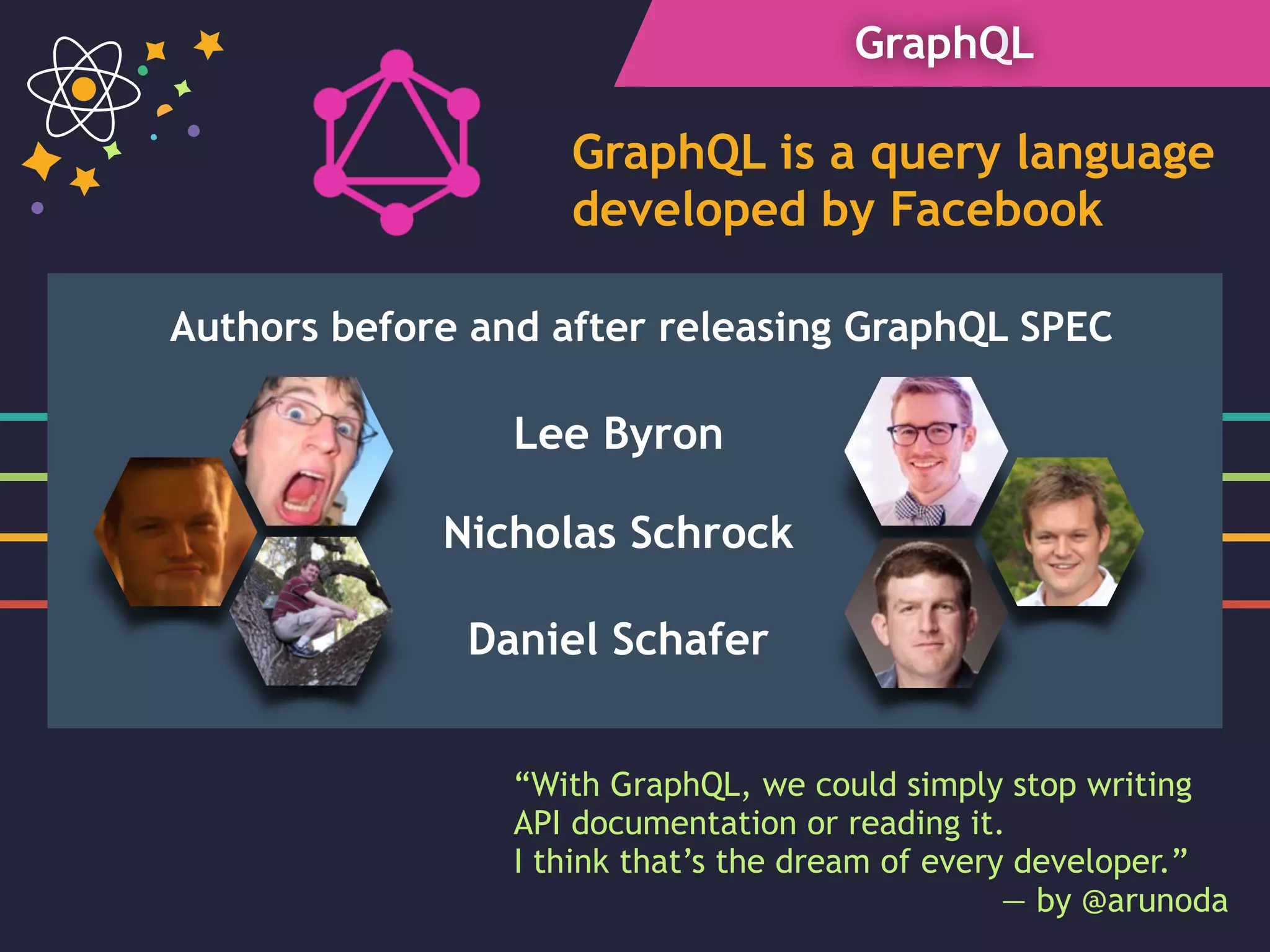 GraphQL
“With GraphQL, we could simply stop writing  
API documentation or reading it.  
I think that’s the dream of every developer.”
— by @arunoda
GraphQL is a query language
developed by Facebook
Lee Byron
Nicholas Schrock
Daniel Schafer
Authors before and after releasing GraphQL SPEC
 