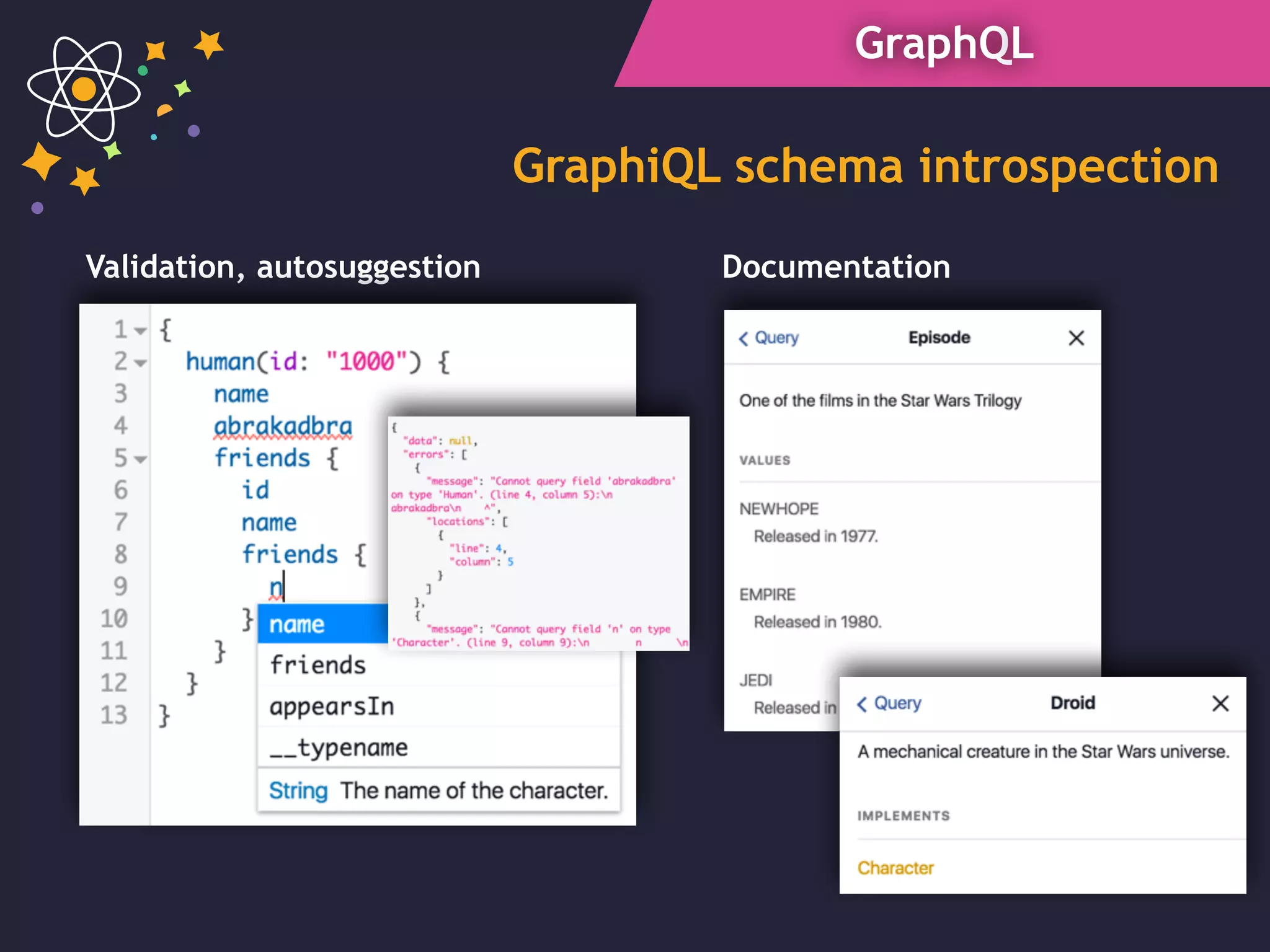 GraphQL
DocumentationValidation, autosuggestion
GraphiQL schema introspection
 