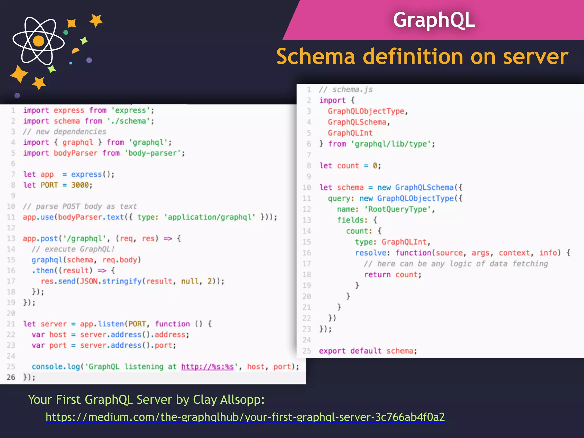 GraphQL
Schema definition on server
Your First GraphQL Server by Clay Allsopp:
https://medium.com/the-graphqlhub/your-first-graphql-server-3c766ab4f0a2
 