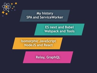 ES next and Babel
Webpack and Tools
Isomorphic JavaScript
NodeJS and React
Relay, GraphQL
My history
SPA and ServiceWorker
 