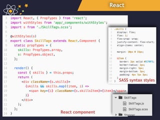 React
React component
SASS syntax styles
 