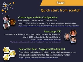 React
Quick start from scratch
July 22, 2016 by Dan Abramov, Christopher Chedeau, Kevin Lacker
Create Apps with No Configuration
https://facebook.github.io/react/blog/2016/07/22/create-apps-with-no-configuration.html
May 5, 2016 by Konstantin Tarkus (@koistya)
React App SDK
Uses Webpack, Babel, ESLint under the hood
https://github.com/kriasoft/react-app
Uses Webpack, Babel, ESLint, Hot Loader, Postcss, Browser-sync
Why Kostya still does not work at Facebook?! I can not understand.
Best of the Best / Suggested Reading List
https://github.com/markerikson/react-redux-links
Curated tutorial and resource links by Mark Erikson (@acemarke)
This collection gets more than 150 reactions in my twitter.
 