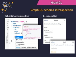 GraphQL
DocumentationValidation, autosuggestion
GraphiQL schema introspection
 