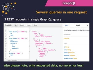 GraphQL
Several queries in one request
Also please note: only requested data, no more nor less!
3 REST requests in single GraphQL query
 
