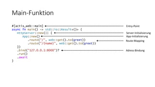 Main-Funktion
#[actix_web::main]
async fn main() -> std::io::Result<()> {
HttpServer::new(|| {
App::new()
.route("/", web::get().to(greet))
.route("/{name}", web::get().to(greet))
})
.bind("127.0.0.1:8000")?
.run()
.await
}
Server-Initialisierung
App-Initialisierung
Route-Mapping
Adress-Bindung
Entry-Point
 