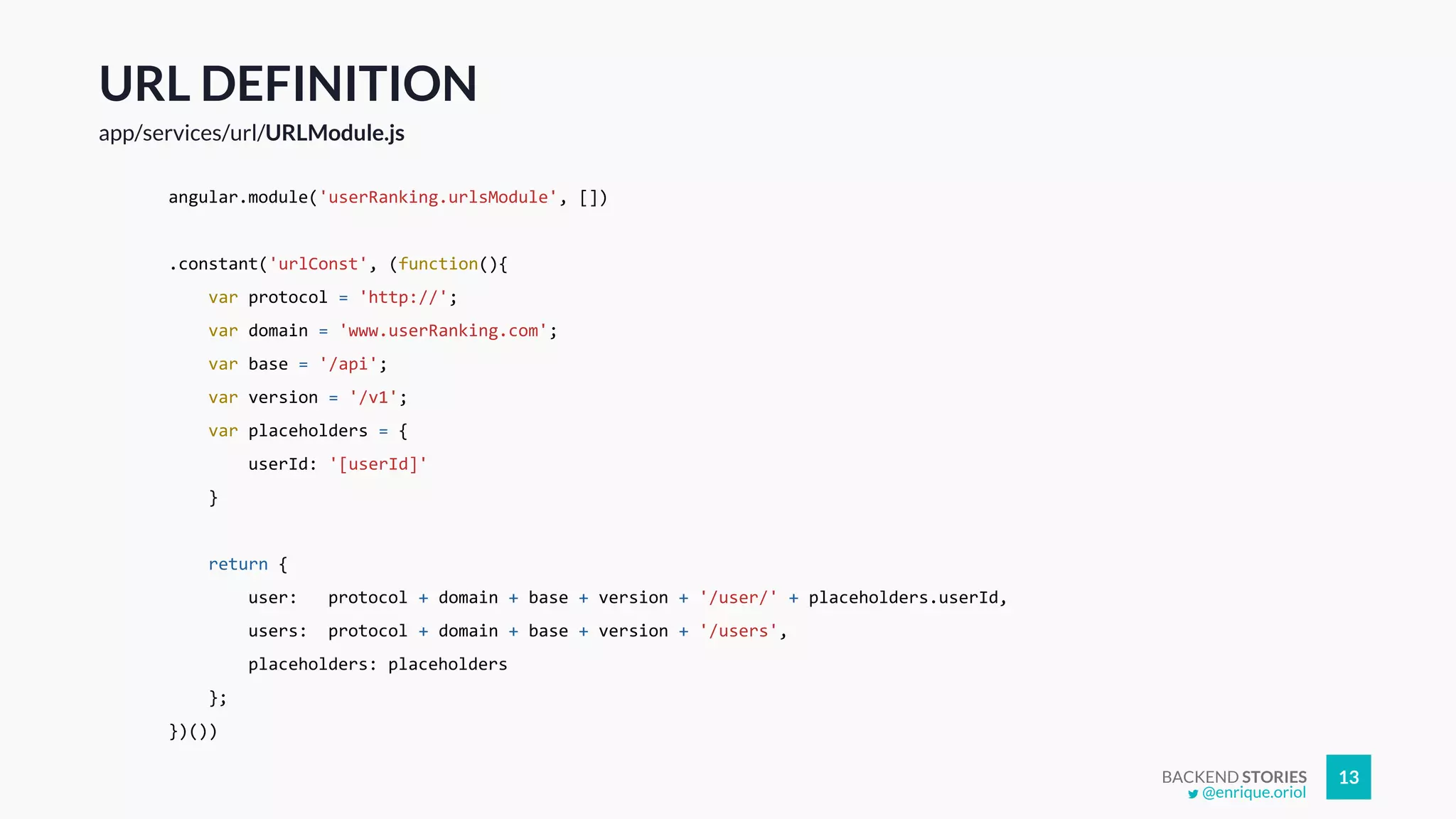 BACKEND STORIES 13
URL DEFINITION
app/services/url/URLModule.js
angular.module('userRanking.urlsModule', [])
.constant('urlConst', (function(){
var protocol = 'http://';
var domain = 'www.userRanking.com';
var base = '/api';
var version = '/v1';
var placeholders = {
userId: '[userId]'
}
return {
user: protocol + domain + base + version + '/user/' + placeholders.userId,
users: protocol + domain + base + version + '/users',
placeholders: placeholders
};
})())
@enrique.oriol
 