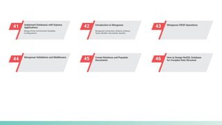 41 Implement Databases with Express
Applications 42 Introduction to Mongoose
43 Mongoose CRUD Operations
44 Mongoose Validations and Middleware
45 Create Relations and Populate
Documents 46 How to Design NoSQL Database
for Complex Data Structure
Mongo Driver, Environment Variables,
Configurations
Mongoose Connection, Schema, Schema
Types, Models, Documents, Queries
 