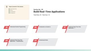 85 Understand Socket Programming
86 Introduction to Socket.io
87 Implement Real Time Chat
Application - I
88 Implement Real Time Chat
Application - II (Notification) 89 Introducing Pusher
Section No : 09
Total Class: 05 Total Hour: 10
Build Real-Time Applications
Topics Covered in This Section
Socket Programming
Chat Application
Push Notification
Socket.io
 