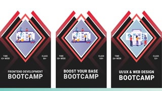 CLASS
40+
TIME
20+ WEEK
UI/UX & WEB DESIGN
BOOTCAMP
FRONTEND DEVELOPMENT
BOOTCAMP
CLASS
86+
CLASS
52+
TIME
43+ WEEK
CLASS
100+
TIME
50+ WEEK
BOOST YOUR BASE
BOOTCAMP
CLASS
100+
TIME
50+ WEEK
TIME
26+ WEEK
 
