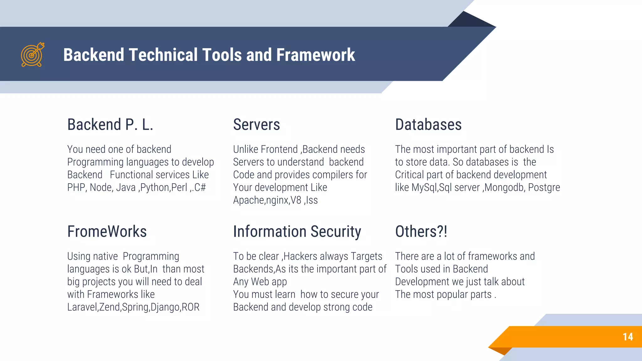 Backend Technical Tools and Framework
Backend P. L.
You need one of backend
Programming languages to develop
Backend Functional services Like
PHP, Node, Java ,Python,Perl ,.C#
Servers
Unlike Frontend ,Backend needs
Servers to understand backend
Code and provides compilers for
Your development Like
Apache,nginx,V8 ,Iss
Databases
The most important part of backend Is
to store data. So databases is the
Critical part of backend development
like MySql,Sql server ,Mongodb, Postgre
14
FromeWorks
Using native Programming
languages is ok But,In than most
big projects you will need to deal
with Frameworks like
Laravel,Zend,Spring,Django,ROR
Information Security
To be clear ,Hackers always Targets
Backends,As its the important part of
Any Web app
You must learn how to secure your
Backend and develop strong code
Others?!
There are a lot of frameworks and
Tools used in Backend
Development we just talk about
The most popular parts .
 
