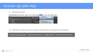 Copyright 2015 Google Inc
Acessar api pelo App
12 - Adicionar referencia do modulo de backend ao gradle do aplicativo
compile project(path: ':backend-tarefas', configuration: 'android-endpoints')
11 - Rebuild projeto
 