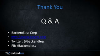 Thank You
Q & A
• Backendless Corp
• http://backendless.com
• Twitter: @backendless
• FB: /Backendless