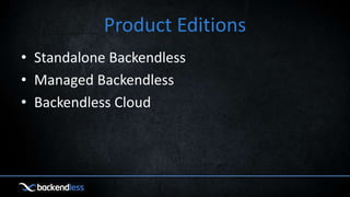 Product Editions
• Standalone Backendless
• Managed Backendless
• Backendless Cloud