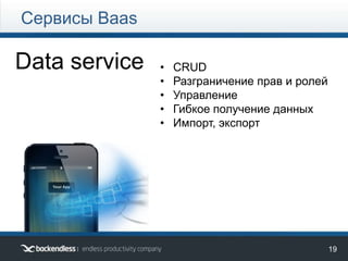 19
Data service
Сервисы Baas
• CRUD
• Разграничение прав и ролей
• Управление
• Гибкое получение данных
• Импорт, экспорт
 